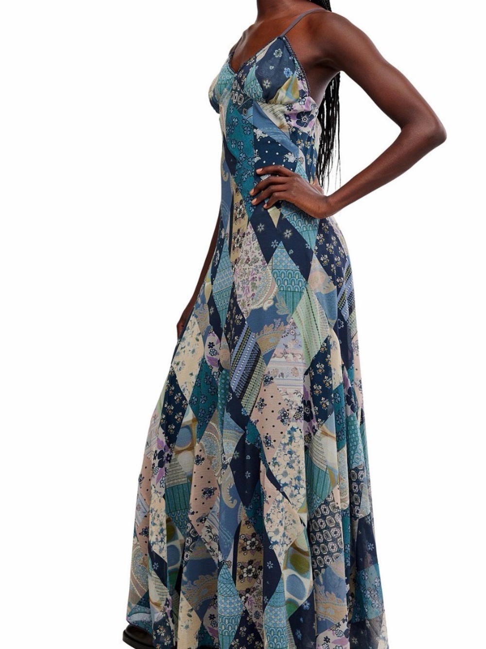 Free People Patchwork Maxi Slip Dress in Teal, Navy & Cream